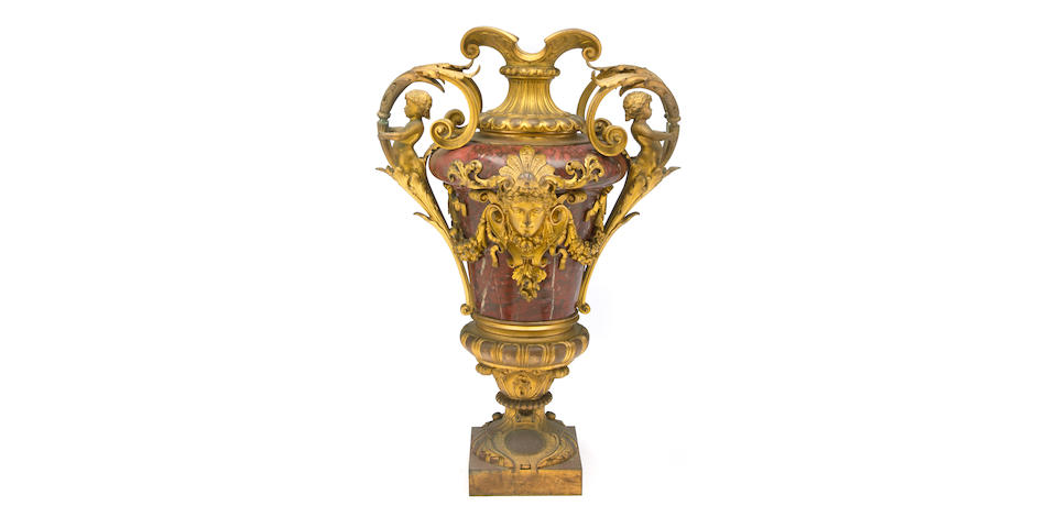 A good French gilt bronze mounted rouge griotte marble urn  Henri Picard late 19th century