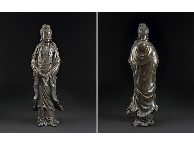 A monumental bronze Guanyin with silver wire inlay Qing Dynasty