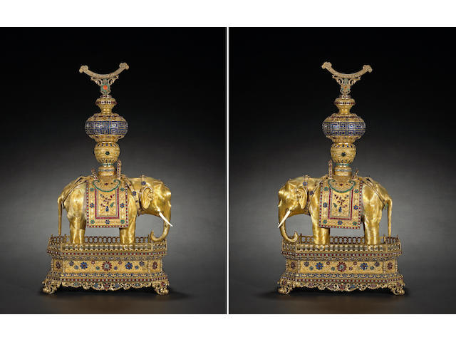 Gilt copper alloy and colored glass overlay model of an elephant 19th/20th Century