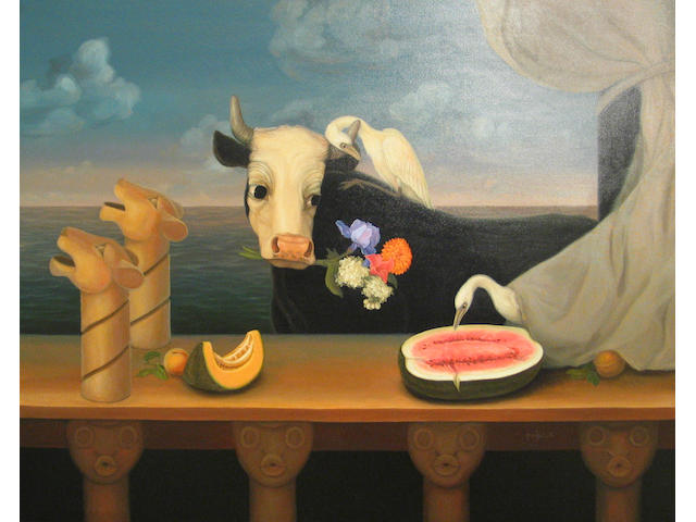 Juan Kelly (Costa Rican, born 1958) Still life with cow and birdies, 1991 40 1/4 x 50 1/4in