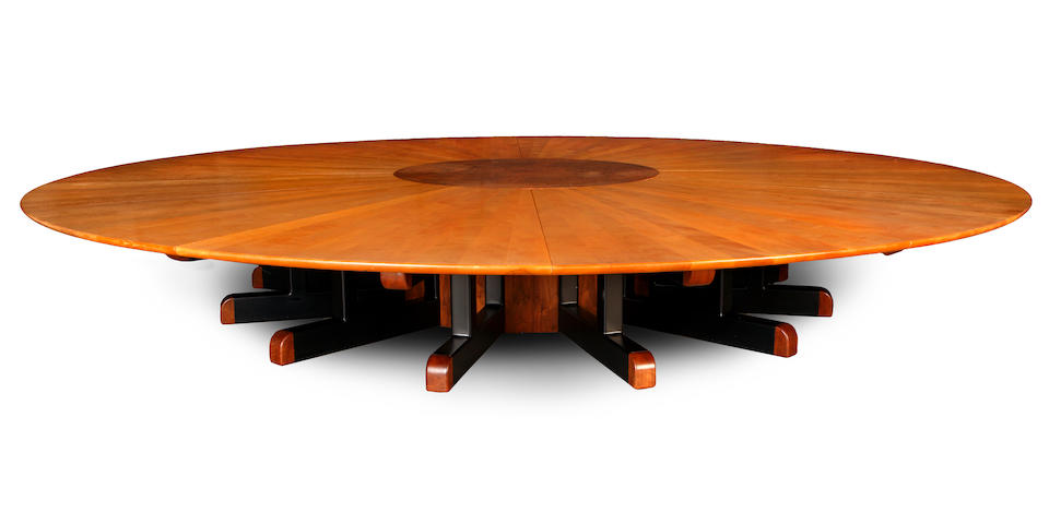 A monumental Sam Maloof fiddle back maple, burled elm and black walnut circular boardroom table circa 1990