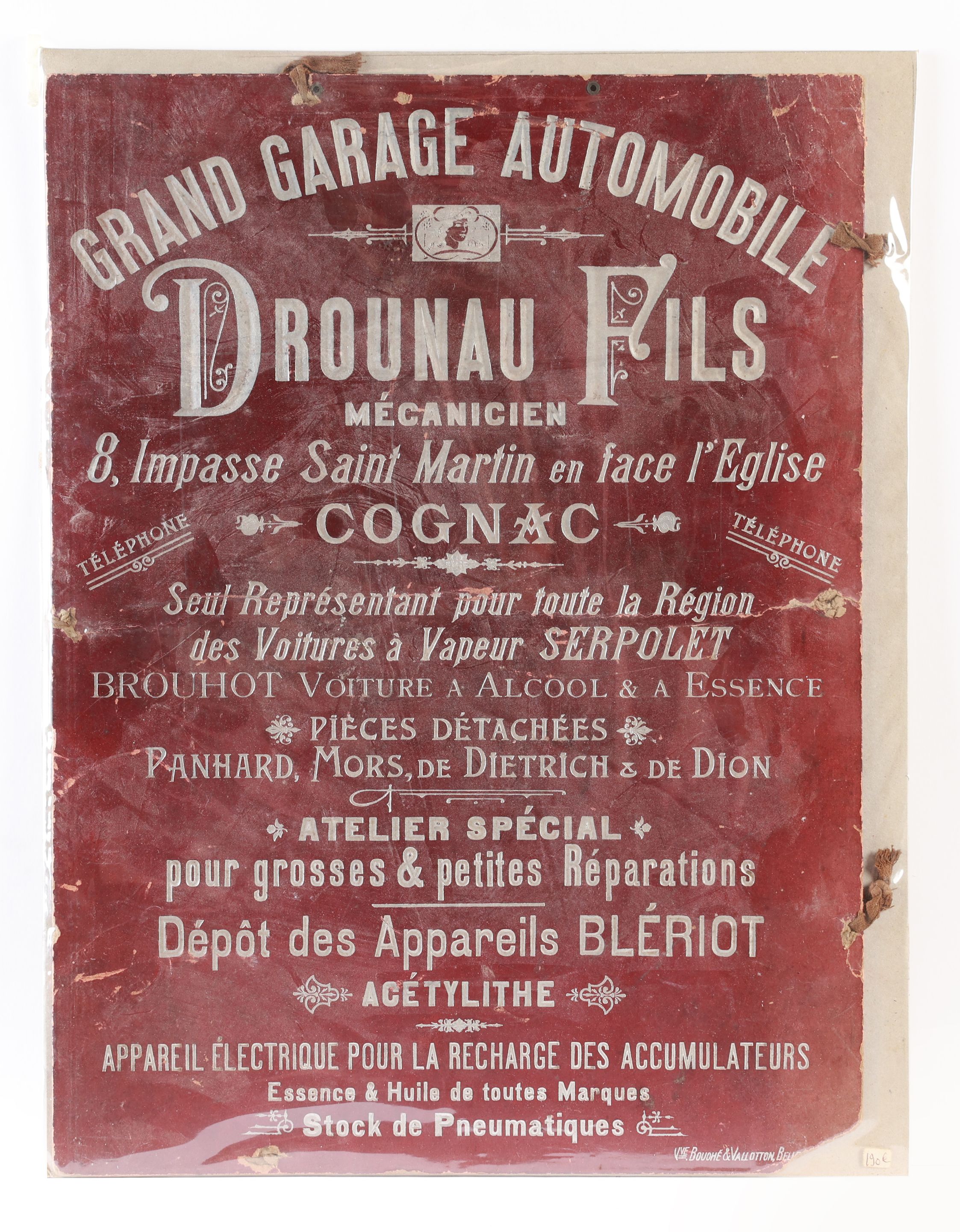 Bonhams Cars A printed embossed car sign for the Grand Garage