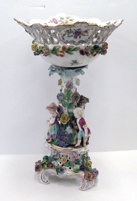 Bonhams : A Carl Thieme porcelain floral encrusted figural centerpiece