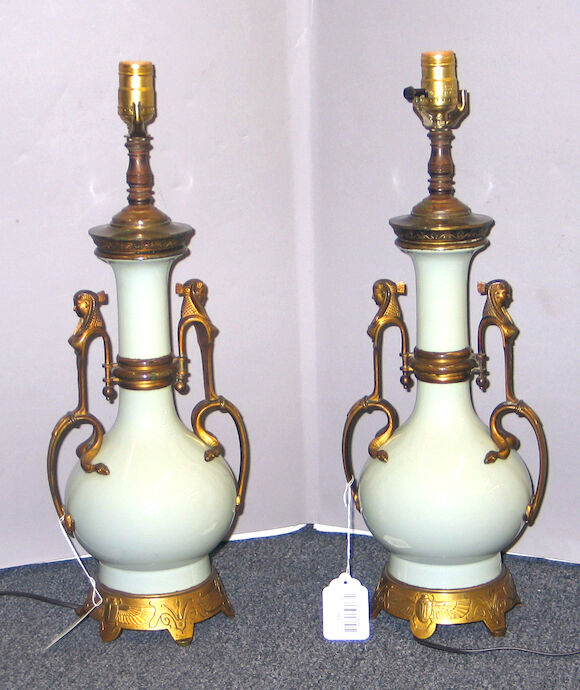 Bonhams : A pair of French Egyptian Revival gilt bronze mounted celadon ...