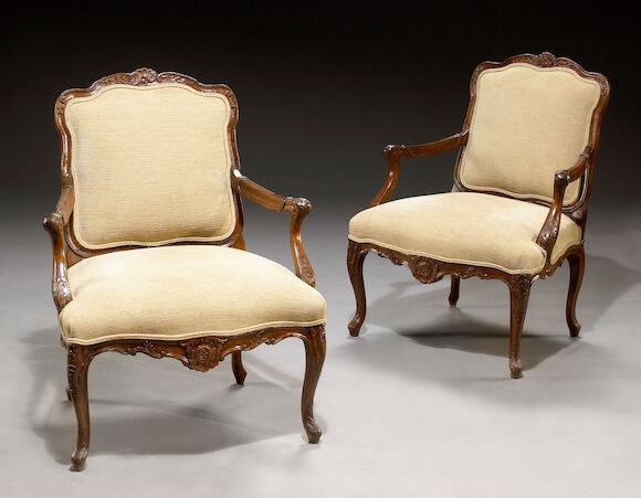 Bonhams : A pair of Louis XV carved walnut fauteuils