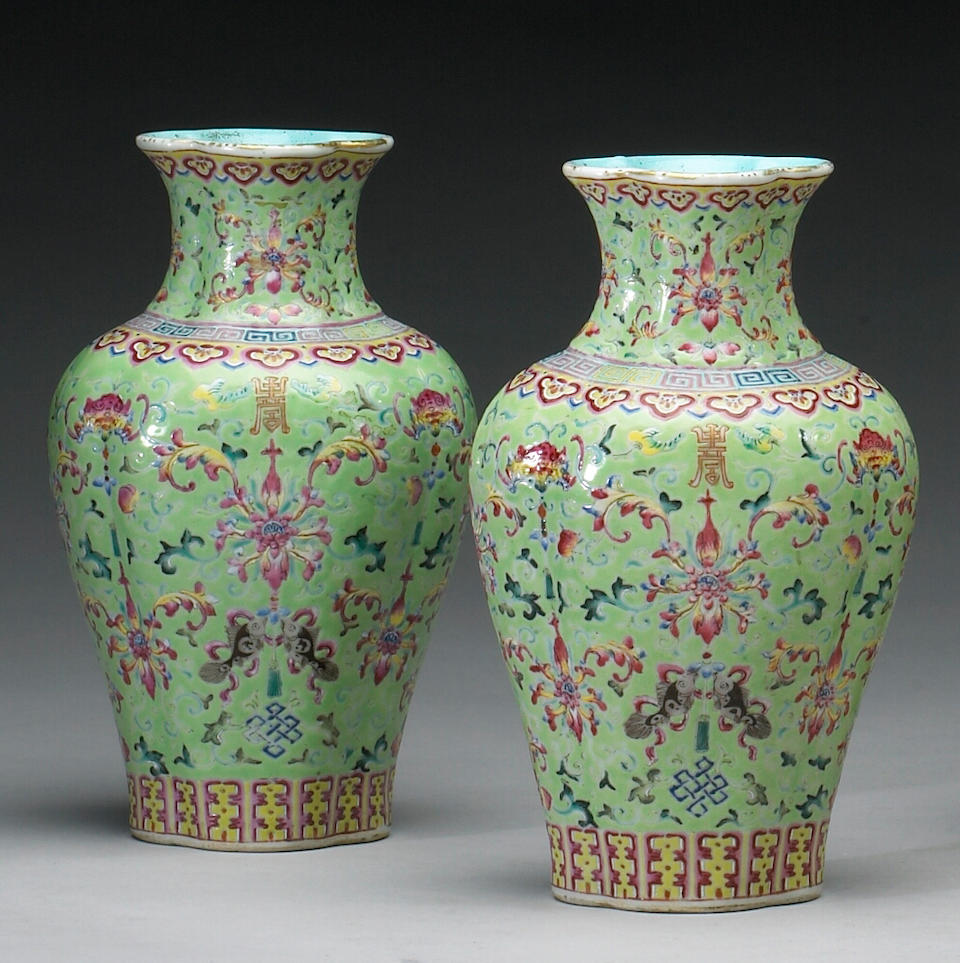 Bonhams : A pair of famille rose enameled porcelain vases