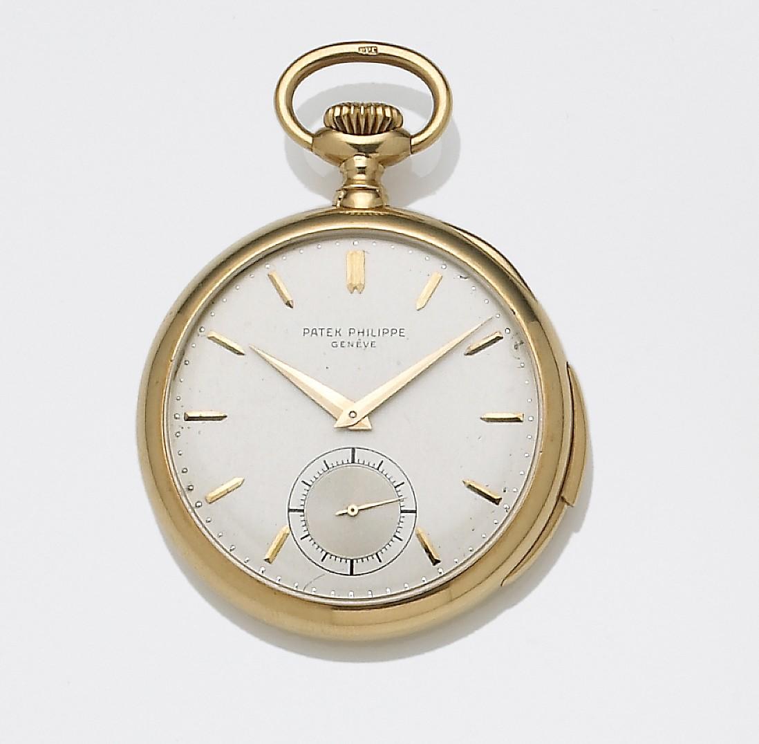 Patek Philippe. An 18k gold open face minute repeating pocket watch