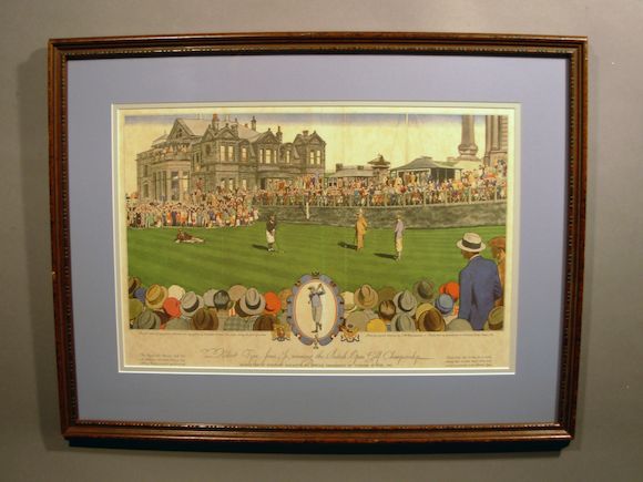 Bonhams : A color lithograph of Bobby Jones, winning the 1927 British ...