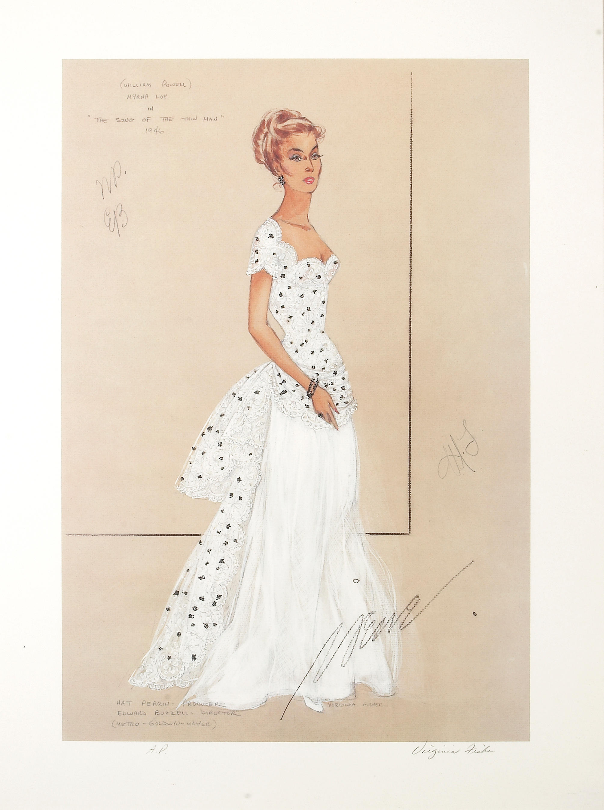 A Myrna Loy reproduction costume design sketch by Irene from 