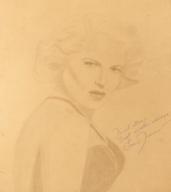 Bonhams : A Lana Turner signed pencil drawing and note, 1945