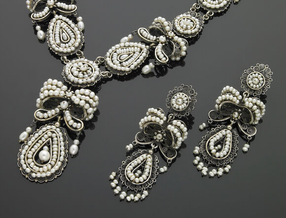 Bonhams : Suite of Seed Pearl and Silver Filigree Jewelry