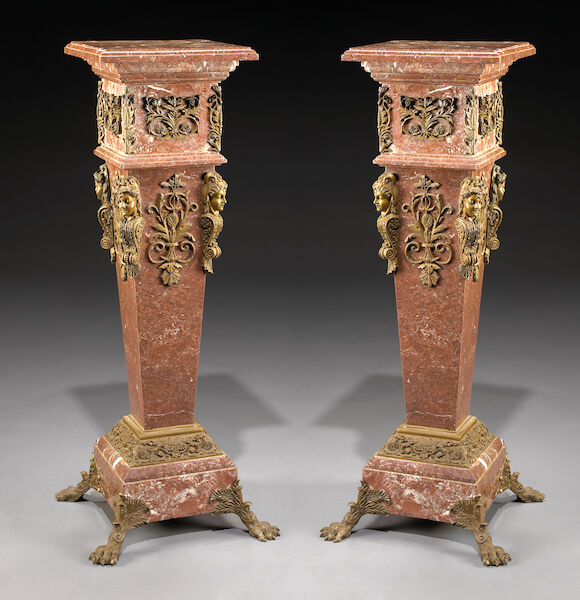 Bonhams : A pair of French gilt bronze mounted rouge marble pedestals