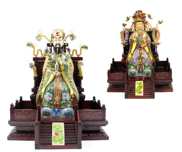 Bonhams : A pair of cloisonne and ivory figures of an emperor and ...