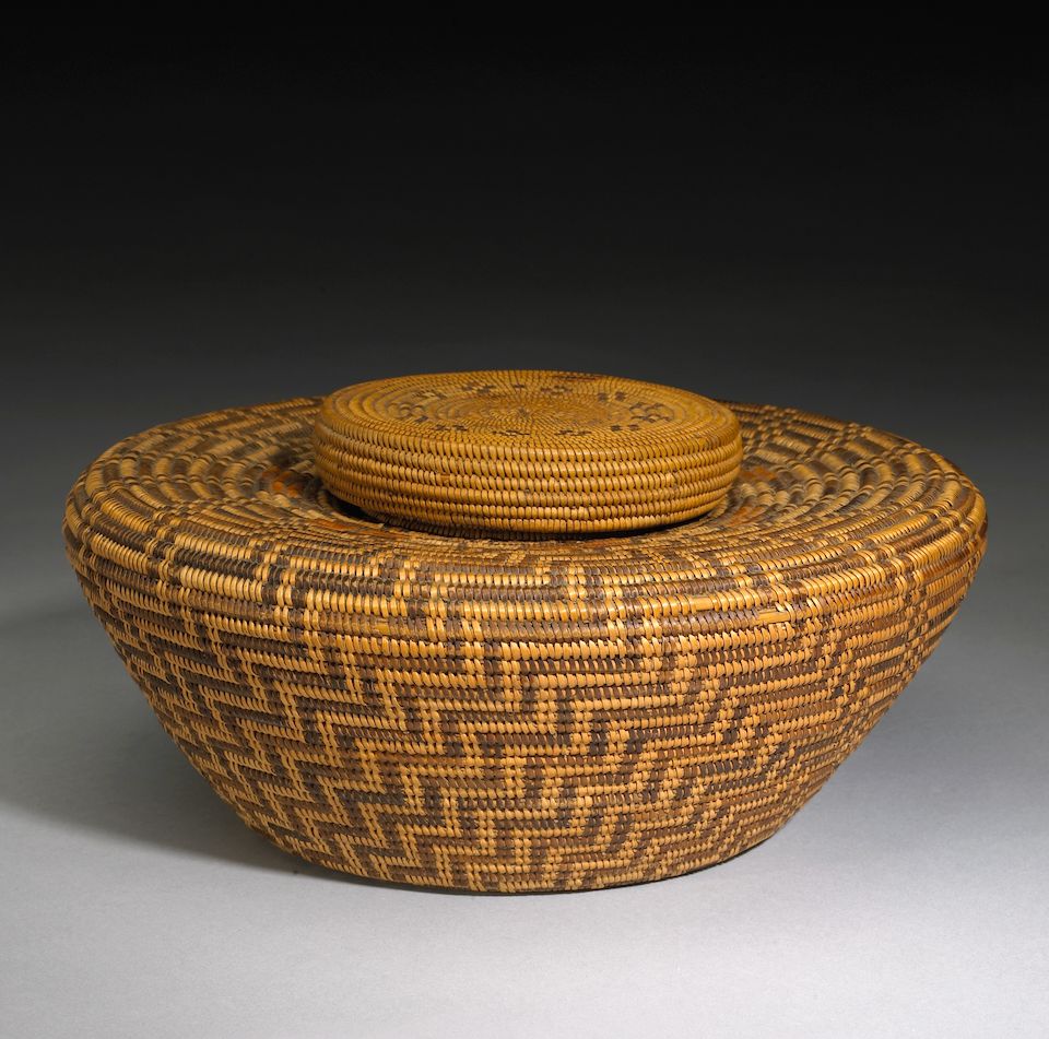 Bonhams A fine and rare Chumash polychrome lidded bottleneck basket