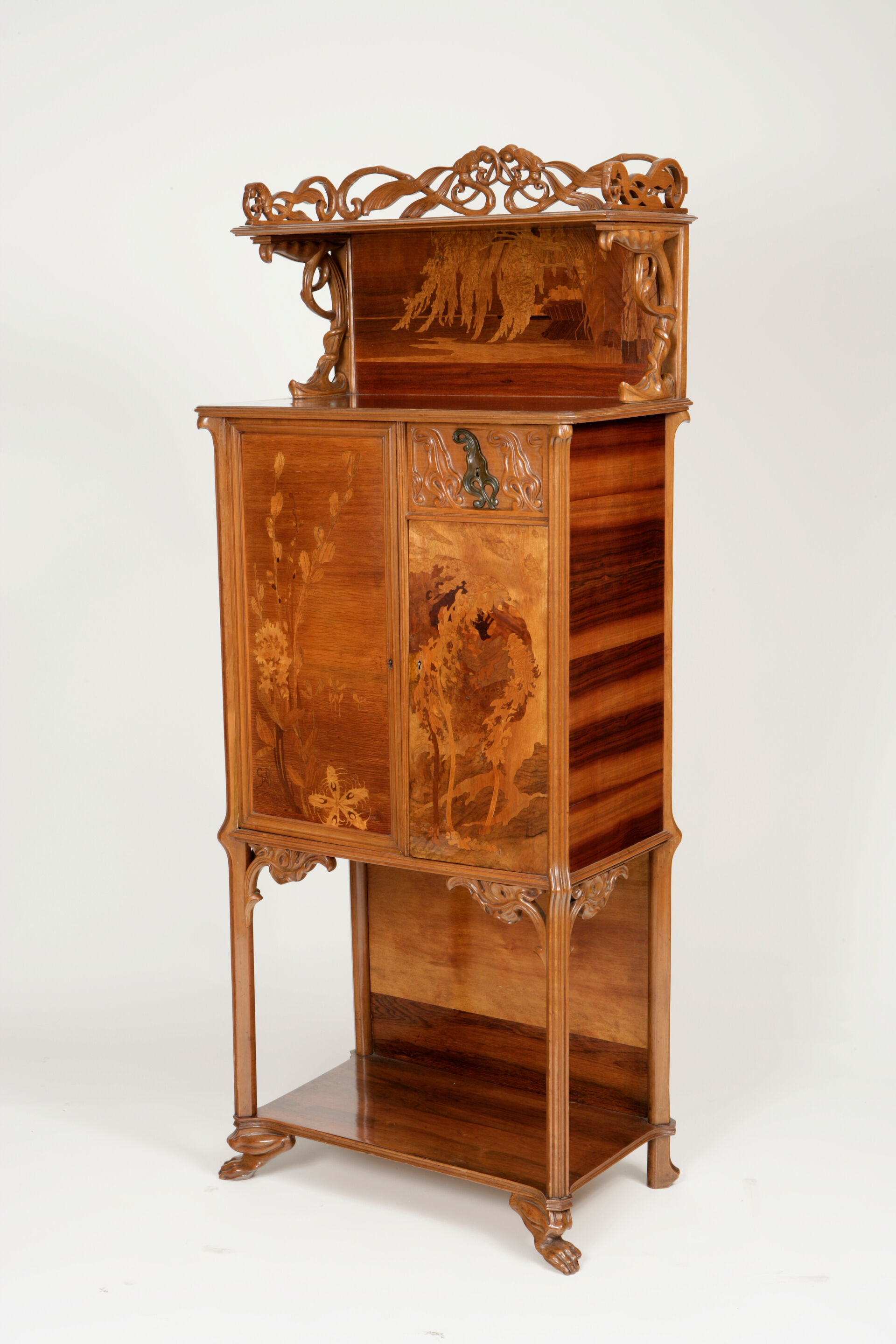 A fine Gallé fruitwood marquetry and bronze Libellule/Grenouille