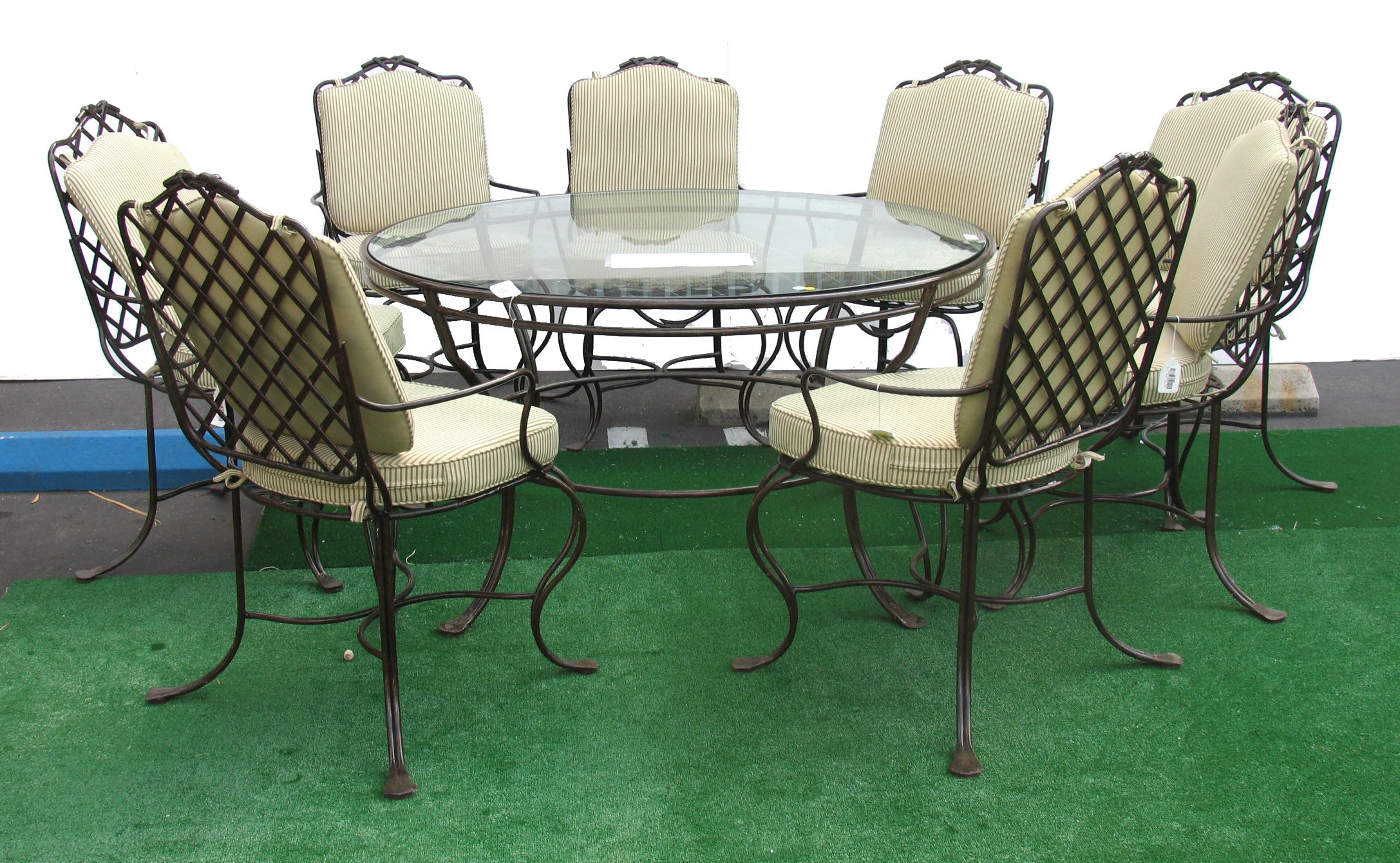 A large round patio table