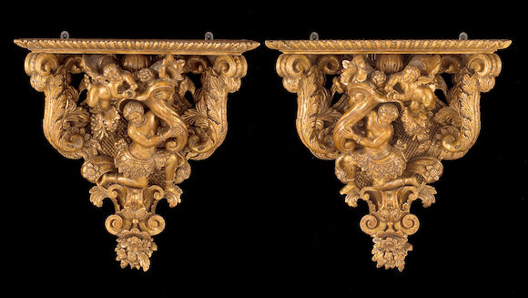 Bonhams : A pair of Italian Rococo style giltwood wall brackets
