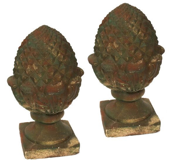 Bonhams : A pair of large cast concrete paint decorated pine cone form ...