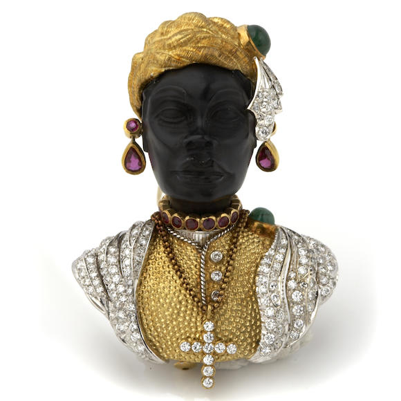 Bonhams : A diamond, ruby, emerald and carved ebony blackamoor brooch ...