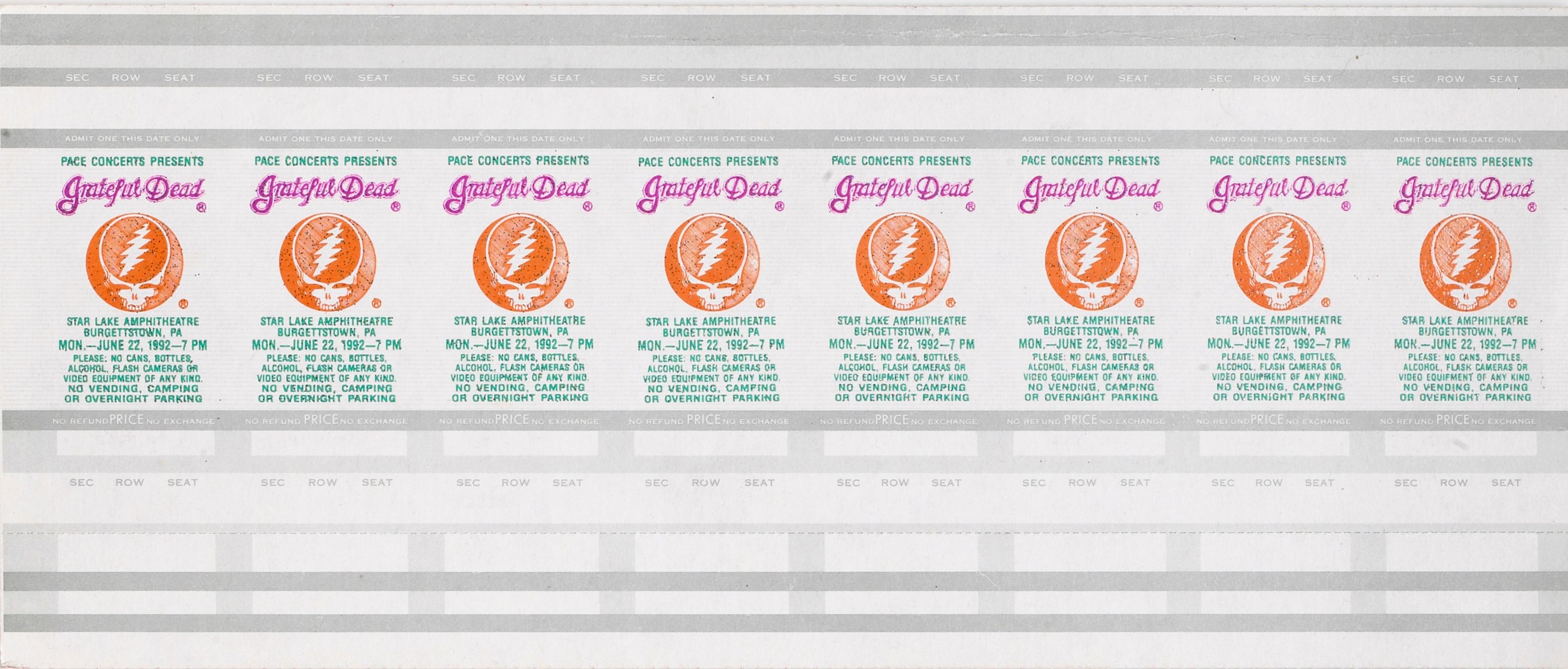 A Grateful Dead sheet of uncut concert tickets, Star Lake Amphitheatre