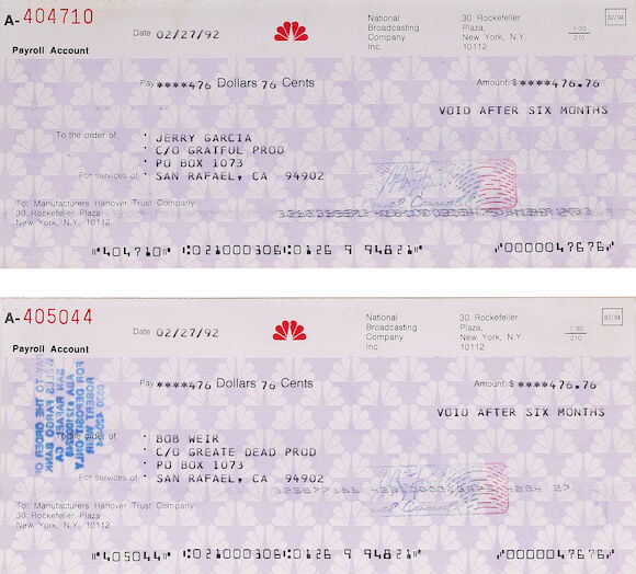 Bonhams : A Jerry Garcia and Bob Weir set of checks from NBC Television ...