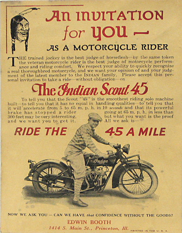 Bonhams : An Indian Scout 45 advertisement,