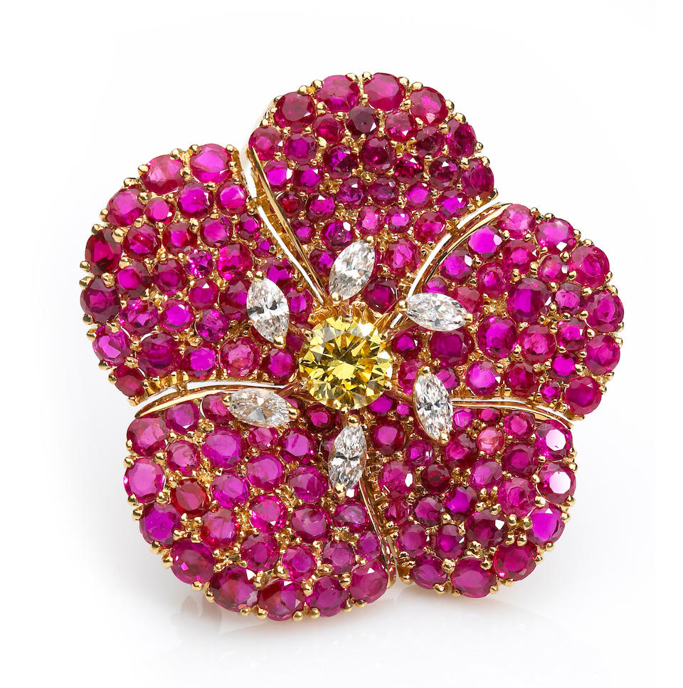 Bonhams : A fancy colored diamond, diamond and ruby pendant clip brooch ...