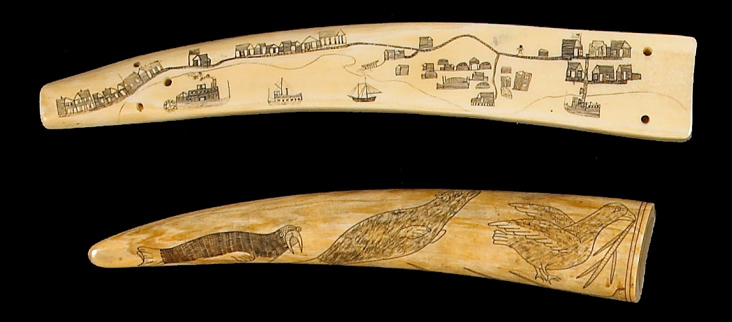 Two Eskimo ivory cribbage boards
