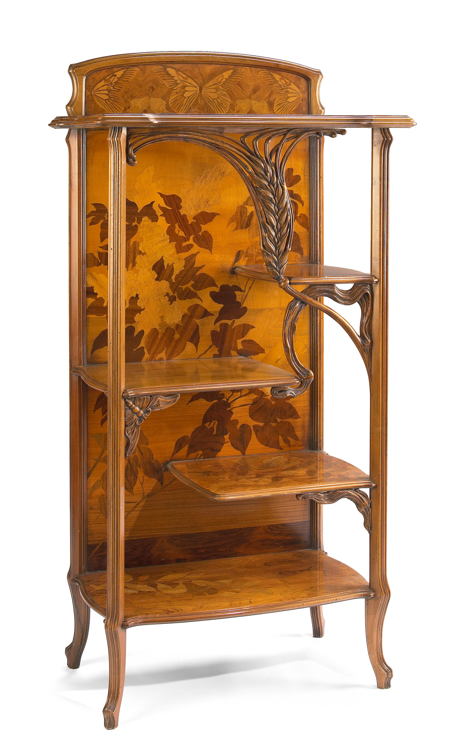 An Art Nouveau style marquetry and fruitwood étagère