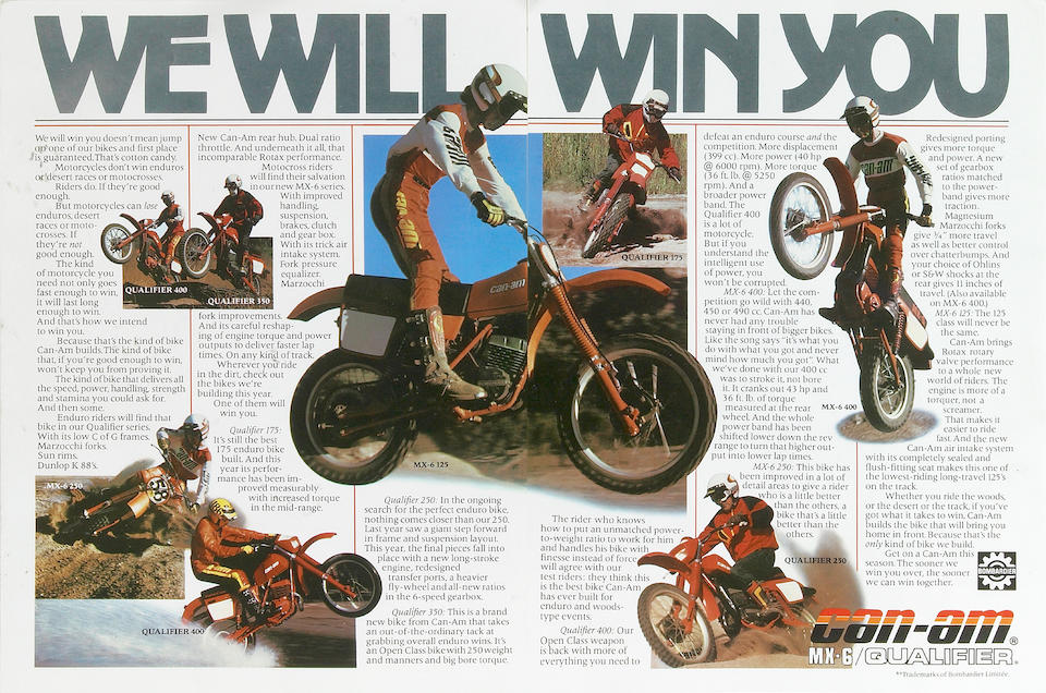 First Can-Am produced in 1980, featured in the Works broshure,1980 Can-Am 406cc MX6 Frame no. 8084000001 Engine no. 123535