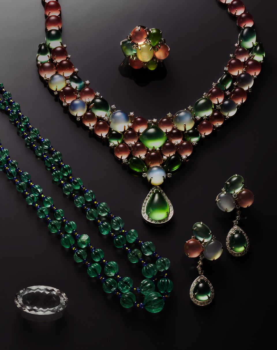 Bonhams Prehnite, Rose Quartz, Cat’s Eye Moonstone and Diamond