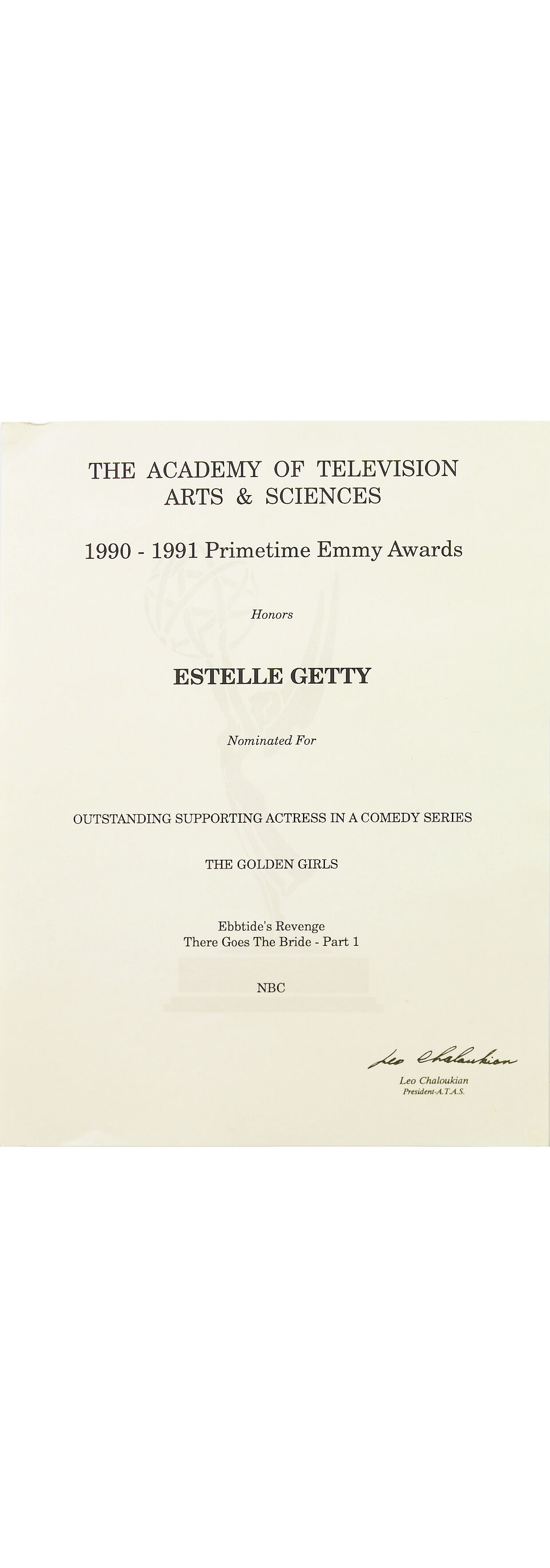 Bonhams An Estelle Getty Emmy Award nomination certificate, 1987