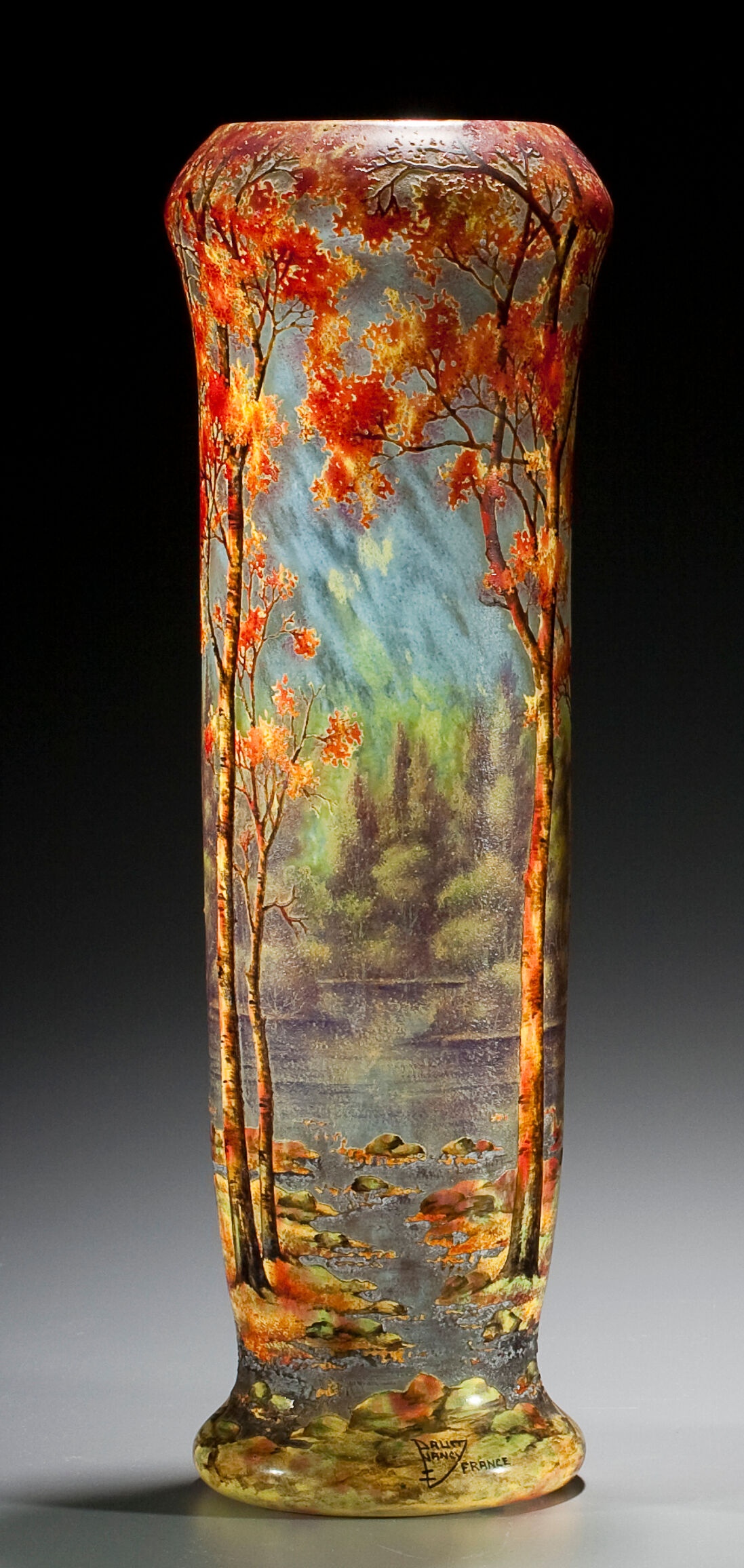 A Daum Nancy enameled cameo glass Autumn Landscape vase