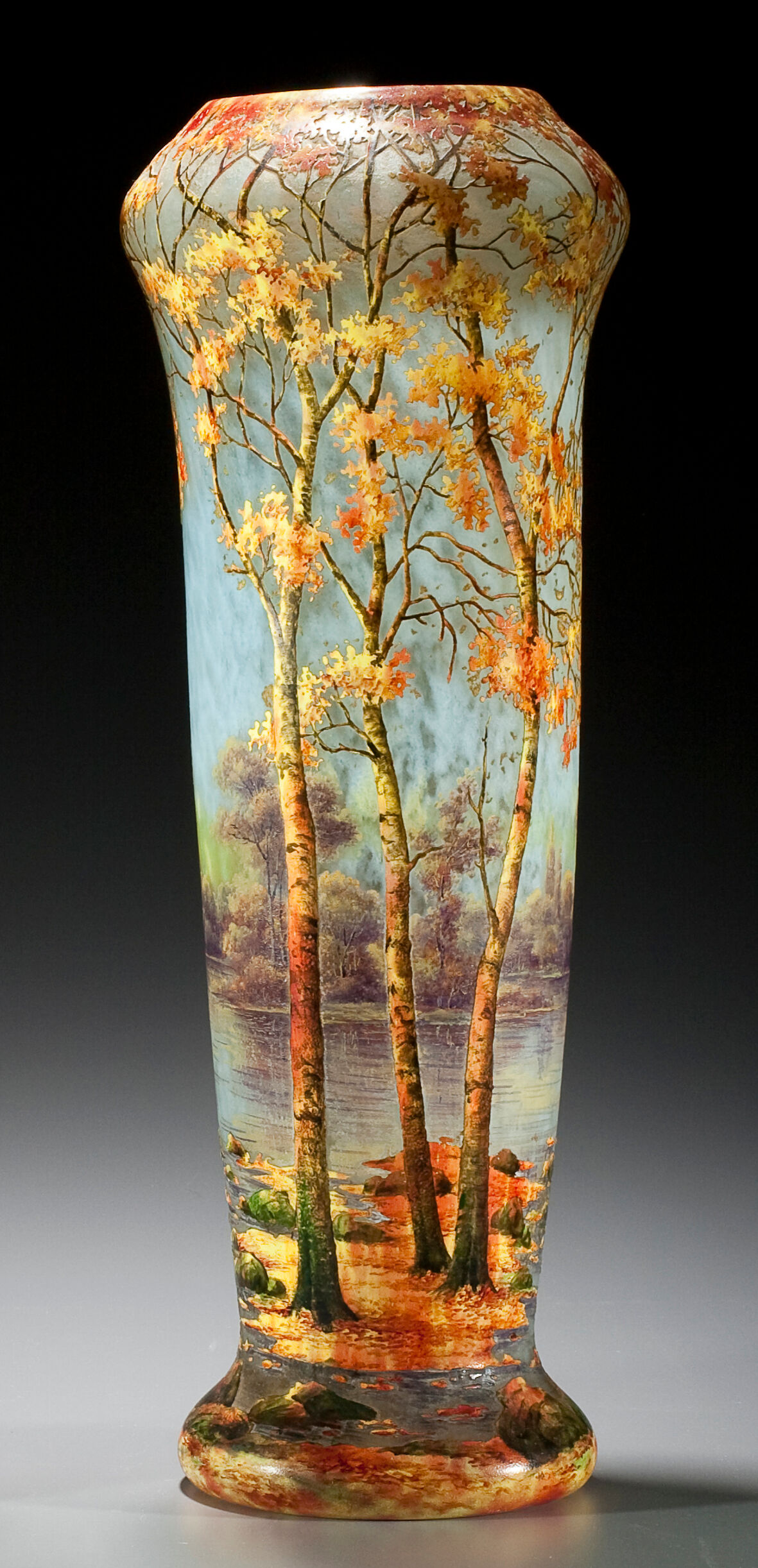 A Daum Nancy enameled cameo glass Autumn Landscape vase