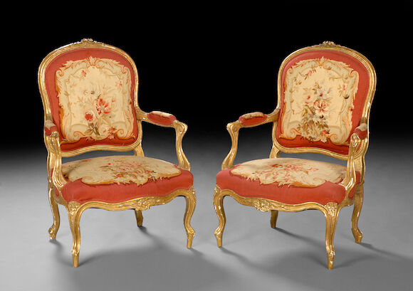Bonhams : A pair of Louis XV style giltwood Aubusson upholstered fauteuils