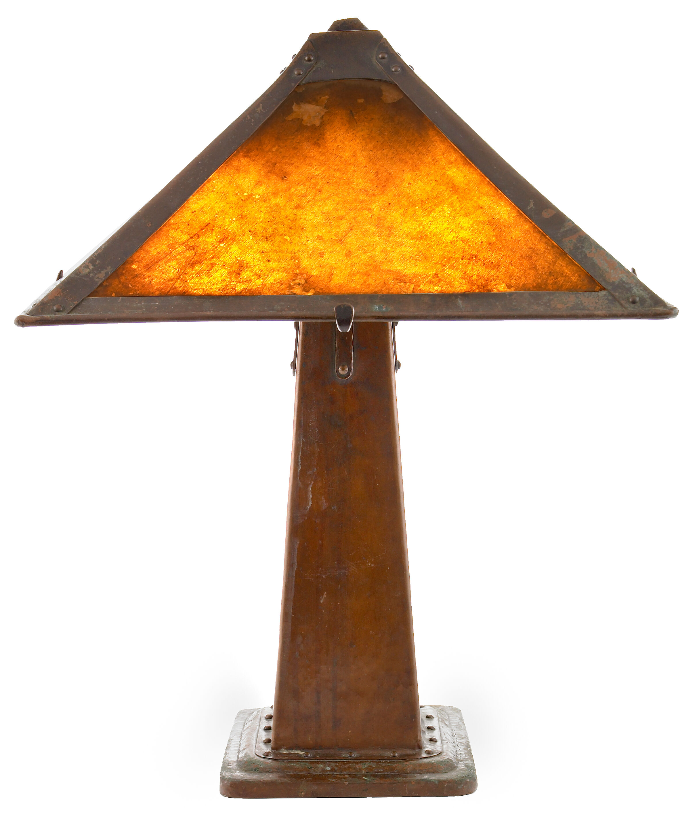 A Dirk Van Erp hammered copper and mica lamp