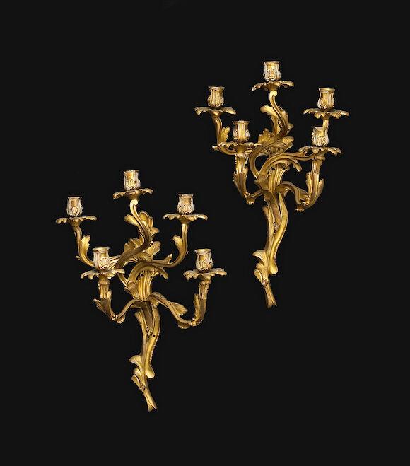Bonhams : A pair of Louis XV style gilt bronze five light bras de ...
