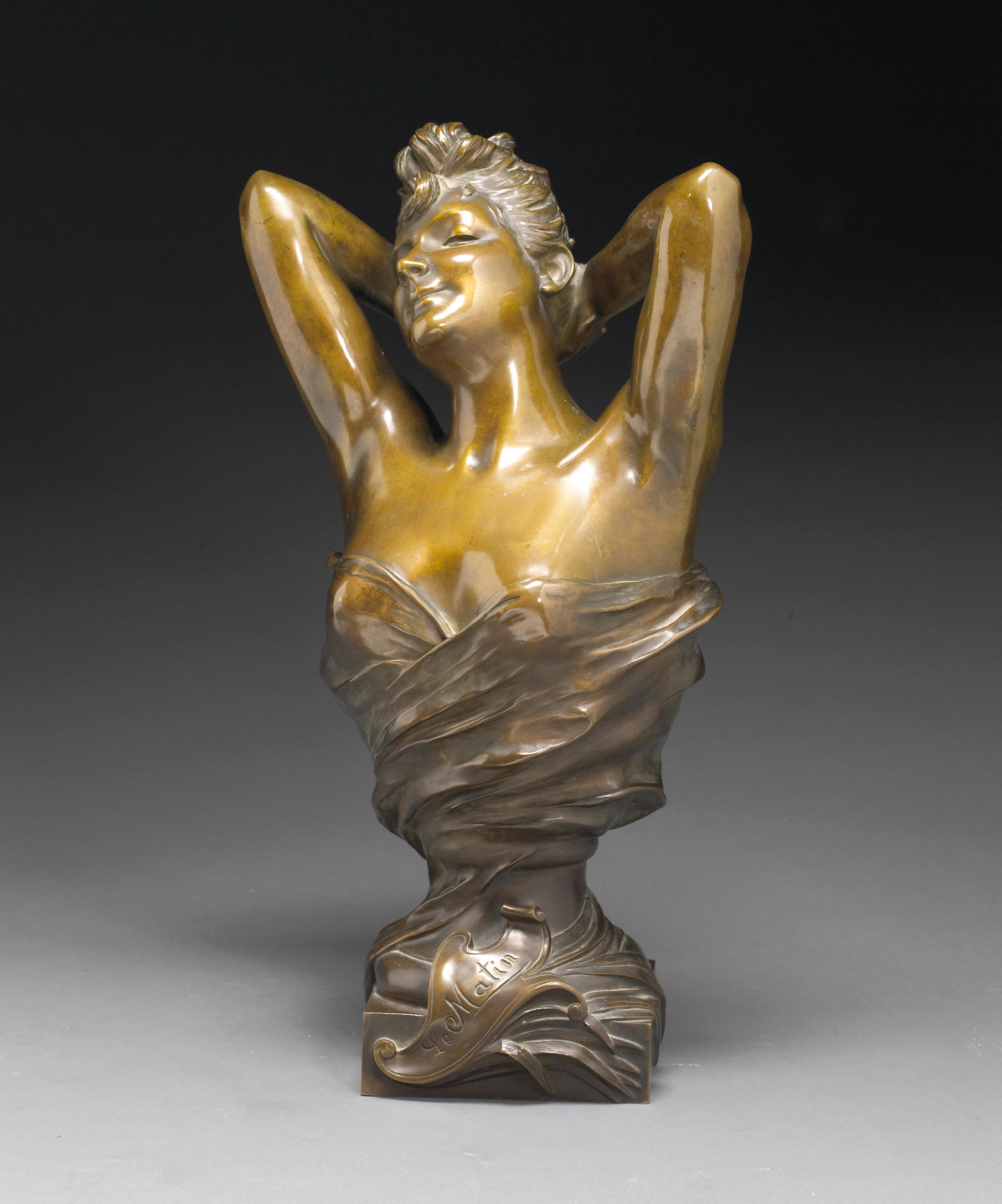 A patinated bronze bust: Le Matin after Nicolas Mayer (French, 1852-1929...