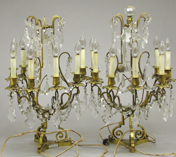 Bonhams : A pair of Louis XV style gilt bronze and cut glass seven ...