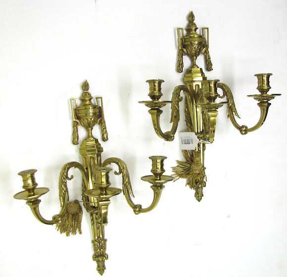 Bonhams : A pair of Louis XVI style gilt bronze three light wall ...