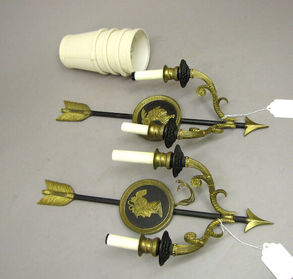 Bonhams : A pair of Empire style patinated and gilt bronze two light ...