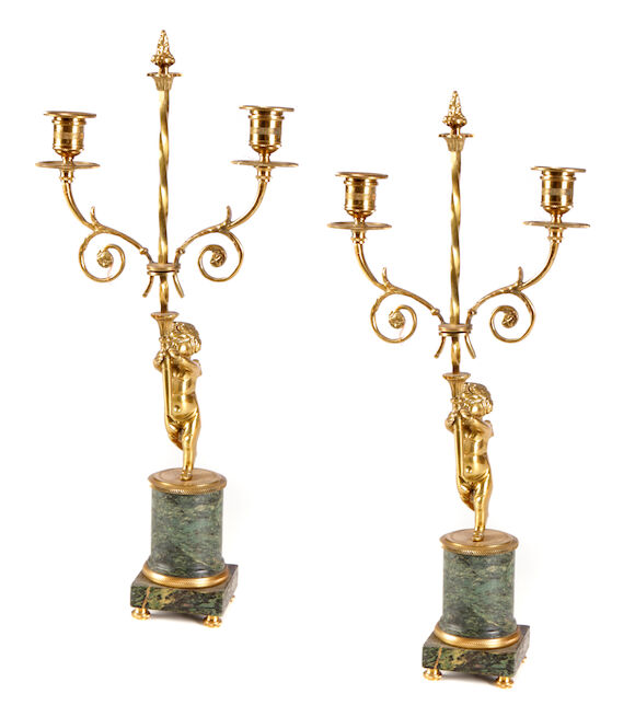 Bonhams : A pair of Empire style gilt bronze and marble figural two ...