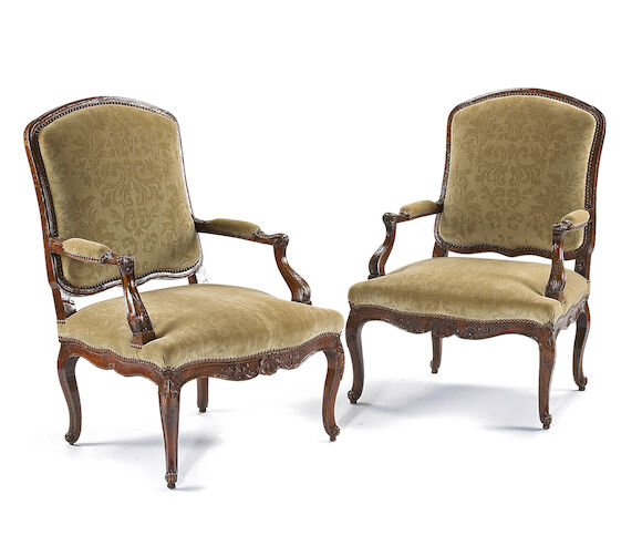 Bonhams : A pair of Louis XV walnut fauteuils a la reine mid 18th century
