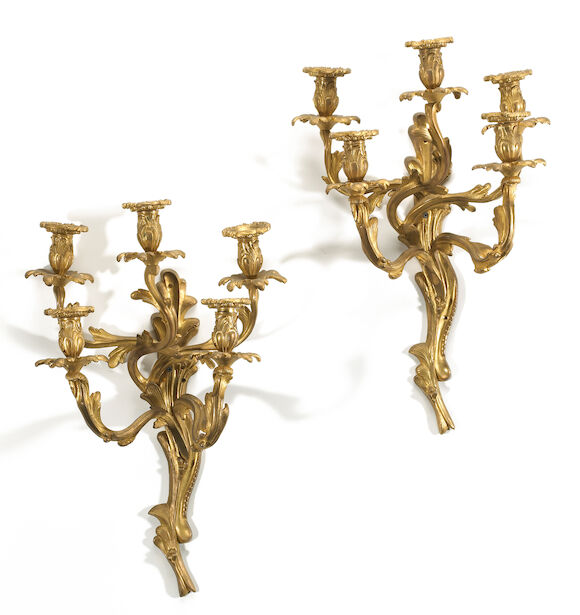 Bonhams : A pair of Louis XV style gilt bronze five light bras de ...
