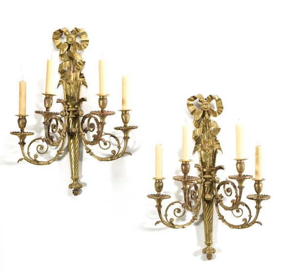 Bonhams : A pair of Louis XVI gilt bronze four light bras de lumière ...