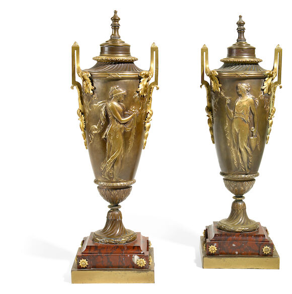 Bonhams : A pair of French gilt and patinated bronze urns late 19th century