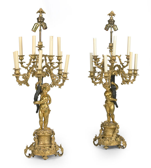 Bonhams : A pair of Louis XV style patinated and gilt bronze ten light ...