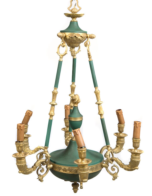 Bonhams : A pair of Empire style gilt bronze and polychrome six light ...