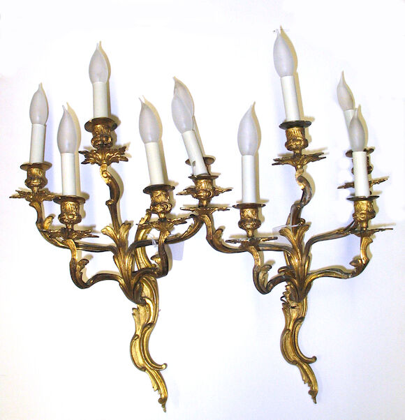 Bonhams : A pair of Louis XV style gilt bronze five light bras de ...