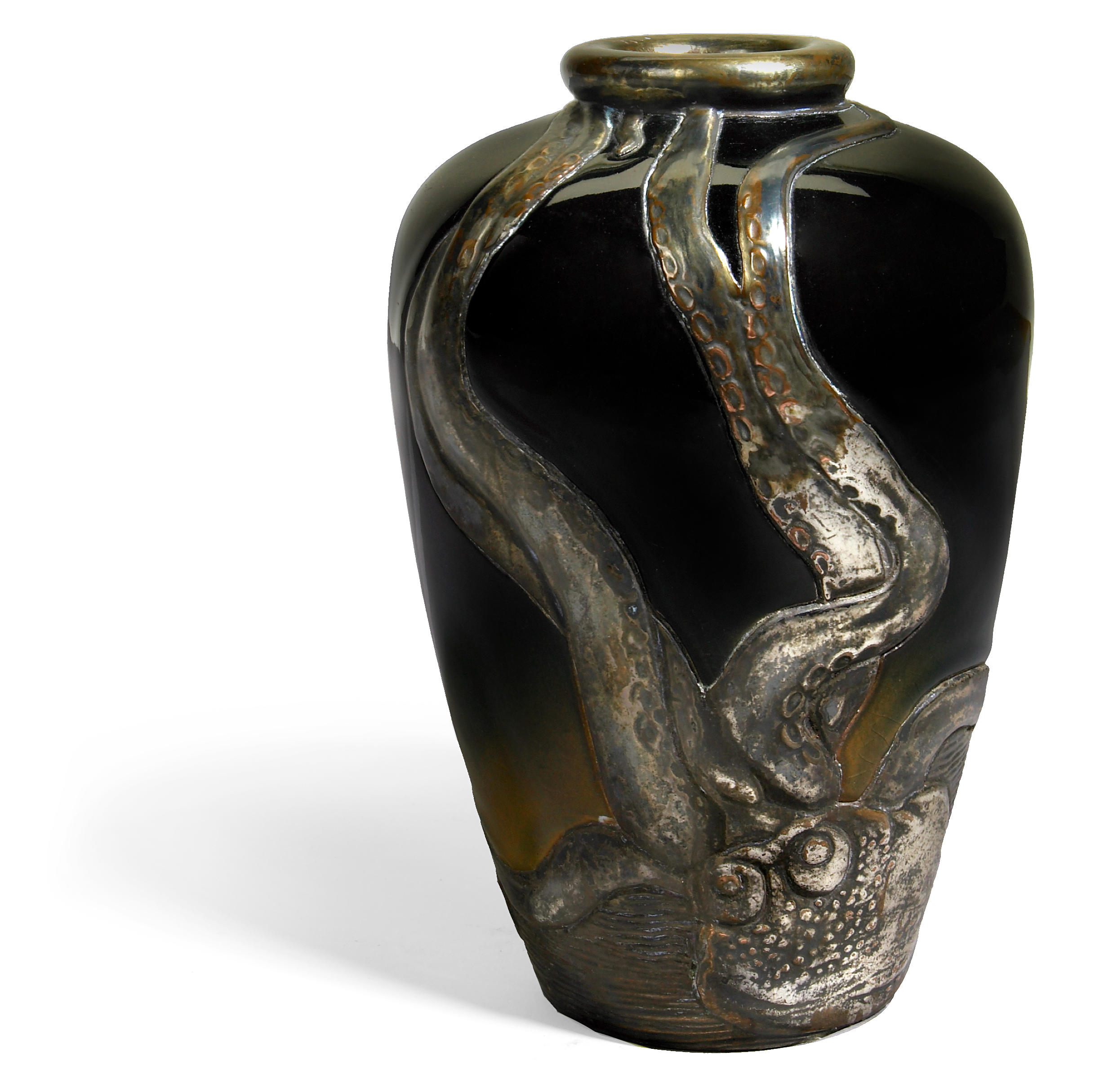 A Rookwood silver electrodeposit high glazed earthenware Octopus vase. 